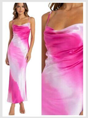 Fashion Nova Satin Bodycon Midi Dress Pink Cowl Neck XS